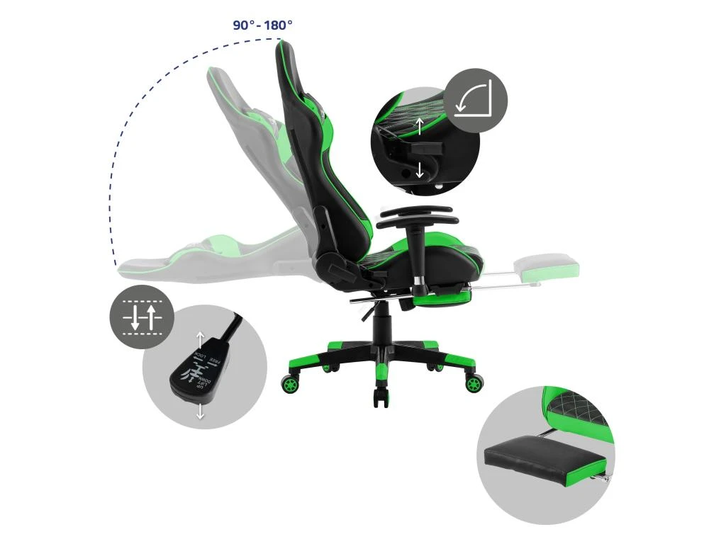 Chaise De Jeu Avec Repose-pieds Extensible 2D Accoudoirs Noir/Vert En Similicuir ML-Design – Image 4