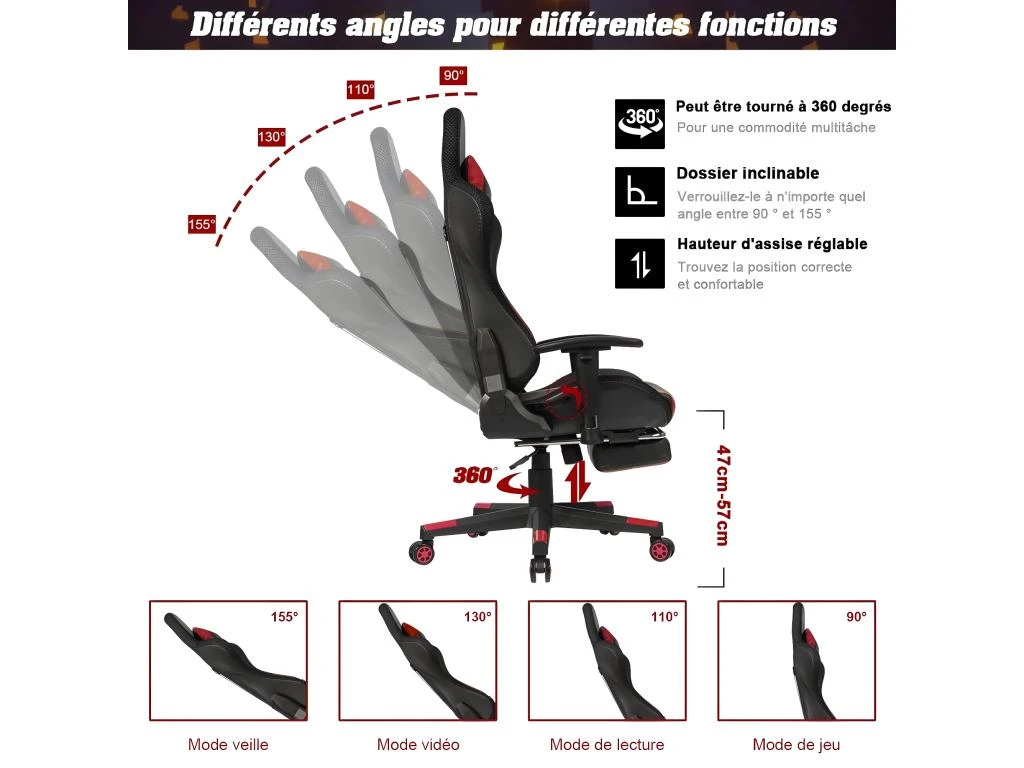 Chaise Gaming Fauteuil De Bureau Hauteur Ajustable Et Dossier Inclinable Repose Pieds Inclus Rouge 20_0000395 – Image 4