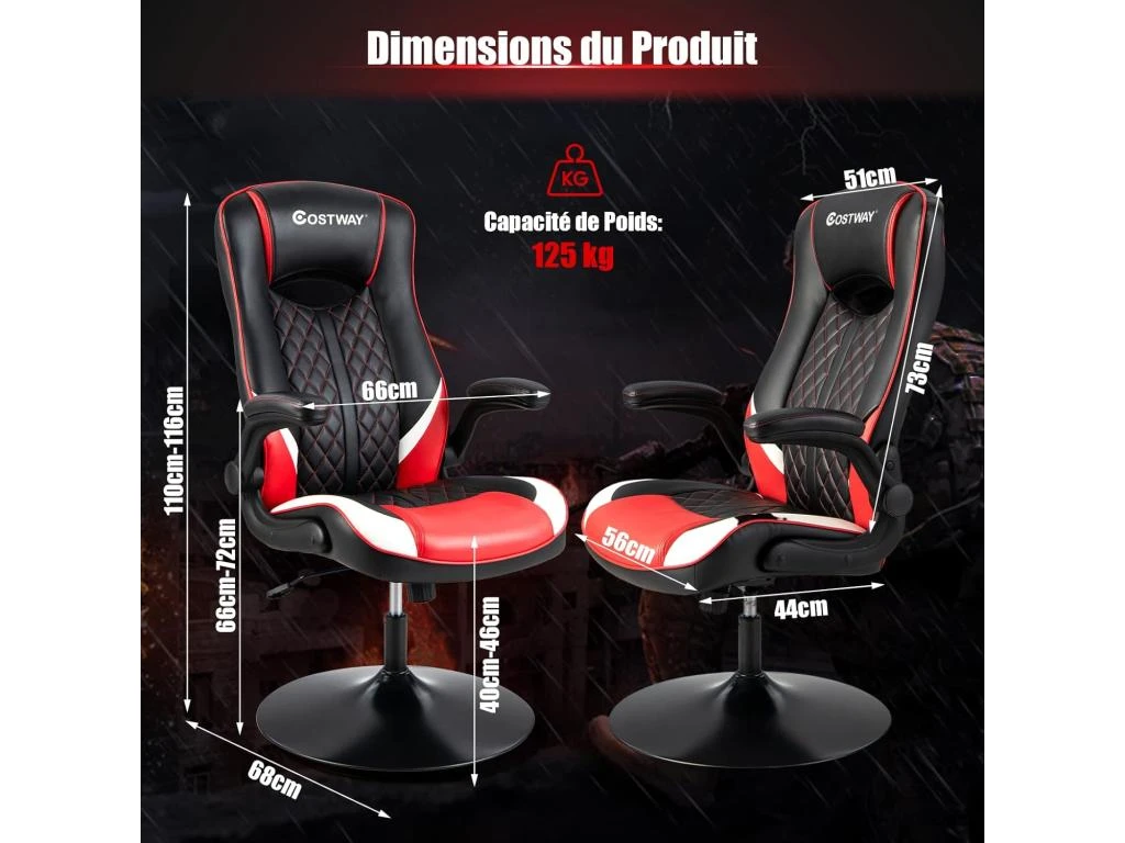 Chaise Gaming Ergonomique Rotative 360°, Fauteuil Gamer Pivotante Avec Dossier Haut Réglable – Image 2