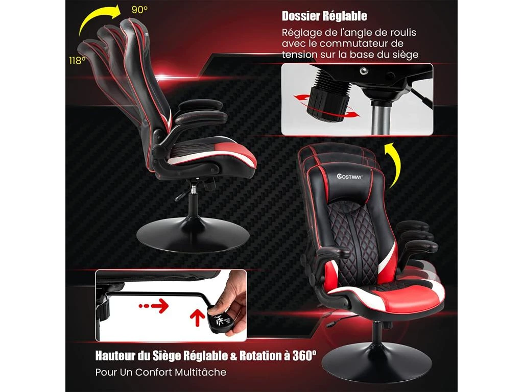 Chaise Gaming Ergonomique Rotative 360°, Fauteuil Gamer Pivotante Avec Dossier Haut Réglable – Image 3