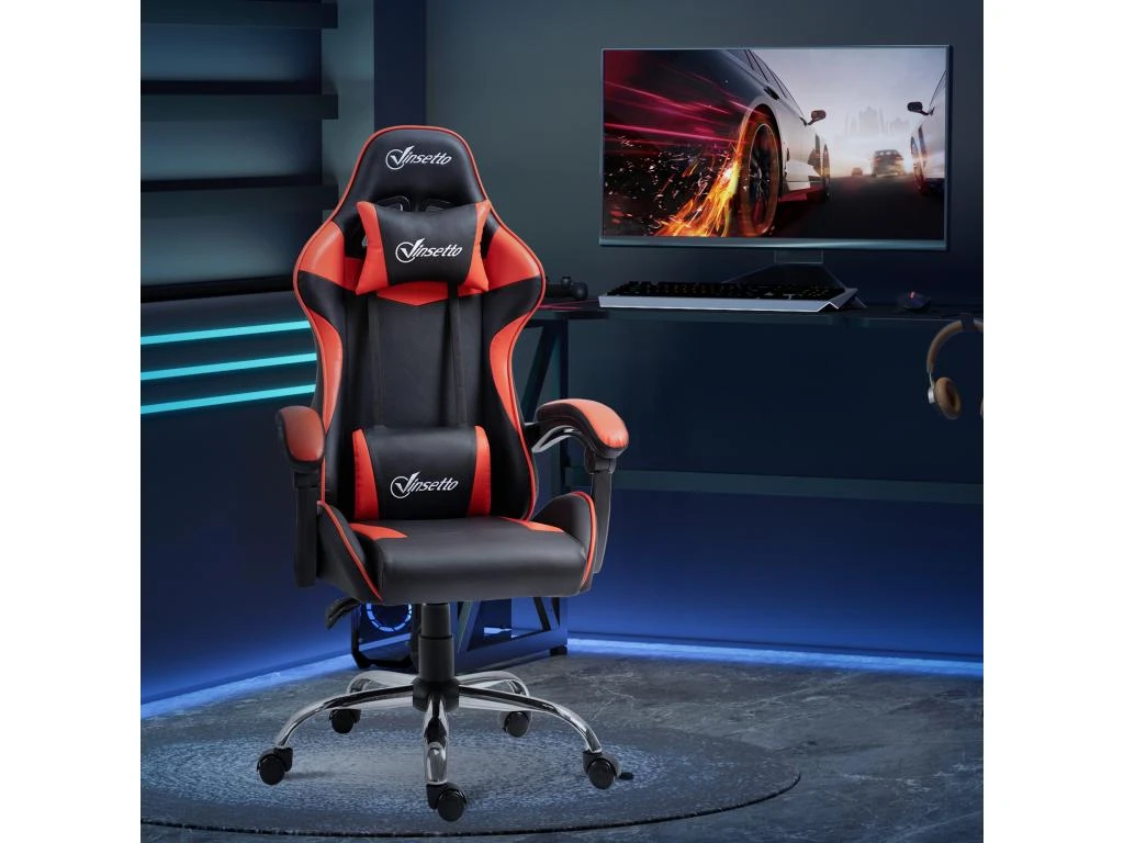 Fauteuil De Bureau Gamer Style Baquet Racing - Pivotant, Inclinable - Coussins Tétière Et Lombaires Inclus - Revêtement PU Rouge Noir
