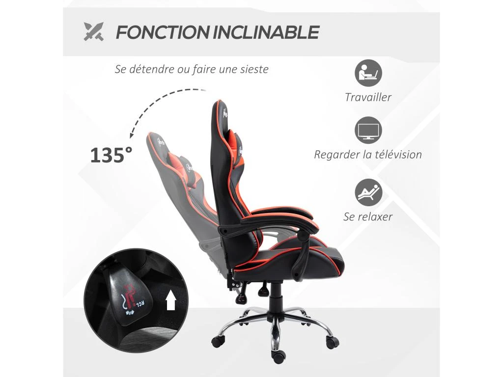 Fauteuil De Bureau Gamer Style Baquet Racing - Pivotant, Inclinable - Coussins Tétière Et Lombaires Inclus - Revêtement PU Rouge Noir – Image 3