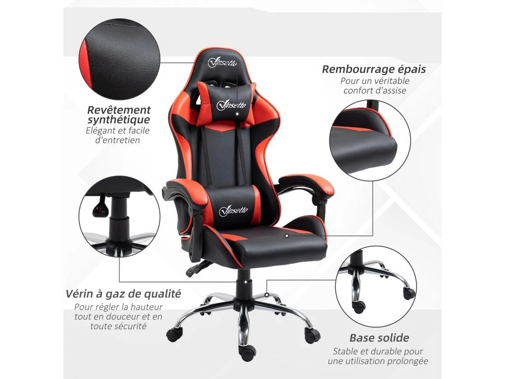 Fauteuil De Bureau Gamer Style Baquet Racing - Pivotant, Inclinable - Coussins Tétière Et Lombaires Inclus - Revêtement PU Rouge Noir – Image 4