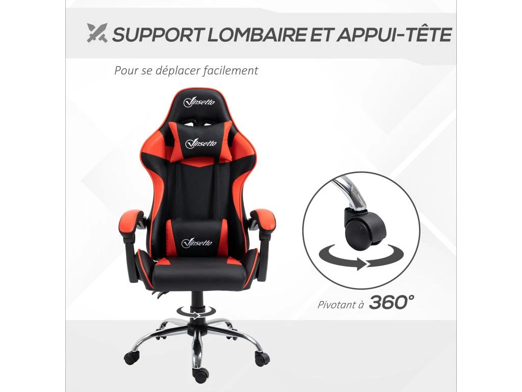 Fauteuil De Bureau Gamer Style Baquet Racing - Pivotant, Inclinable - Coussins Tétière Et Lombaires Inclus - Revêtement PU Rouge Noir – Image 5