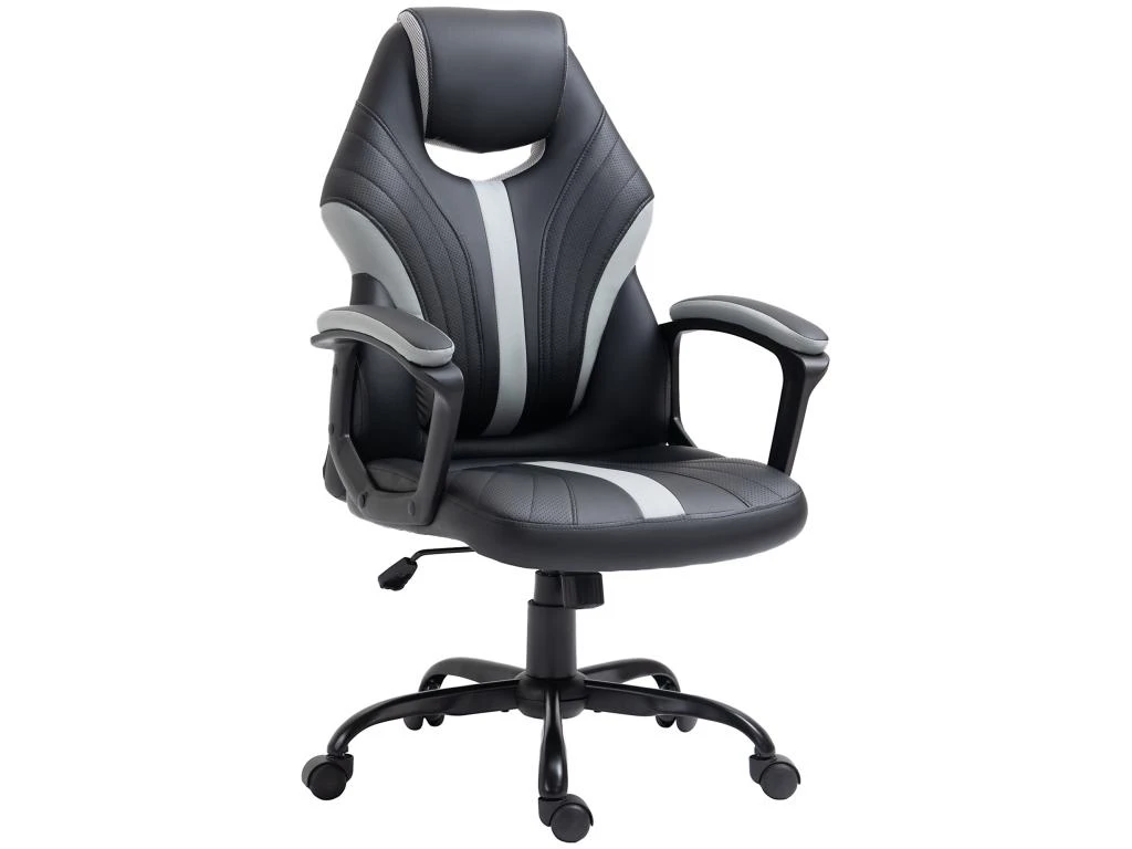 Chaise De Bureau Ergonomique Fauteuil De Bureau Style Gaming Pivotant Hauteur Réglable En Similicuir Avec Dossier Et Accoudoir Gris – Image 2