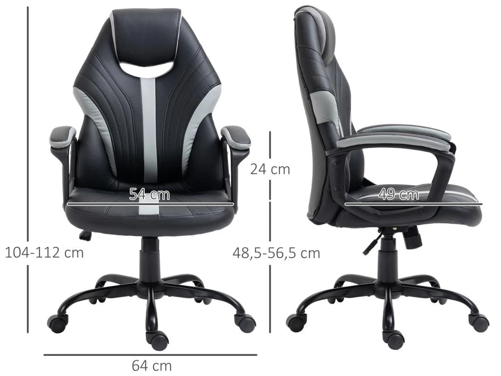 Chaise De Bureau Ergonomique Fauteuil De Bureau Style Gaming Pivotant Hauteur Réglable En Similicuir Avec Dossier Et Accoudoir Gris – Image 3
