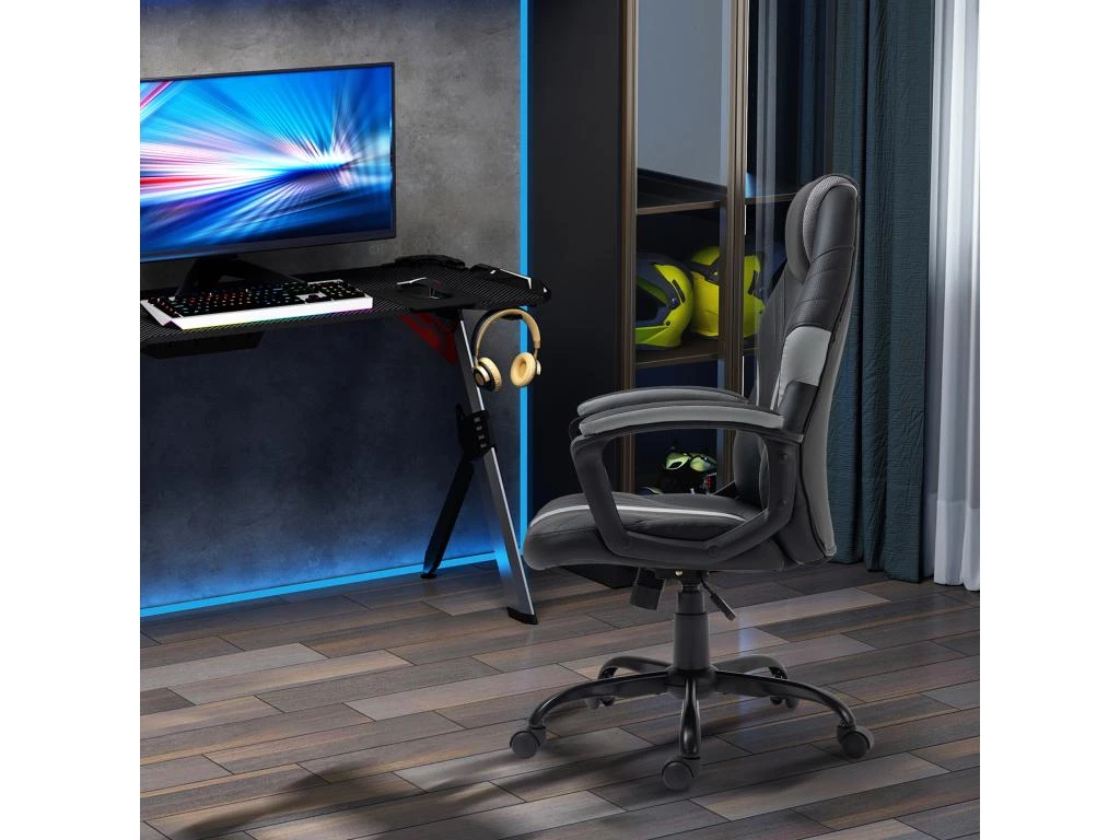 Chaise De Bureau Ergonomique Fauteuil De Bureau Style Gaming Pivotant Hauteur Réglable En Similicuir Avec Dossier Et Accoudoir Gris – Image 4