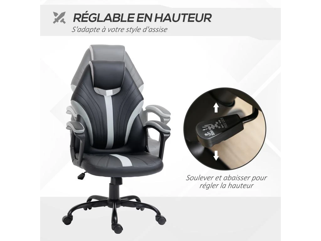 Chaise De Bureau Ergonomique Fauteuil De Bureau Style Gaming Pivotant Hauteur Réglable En Similicuir Avec Dossier Et Accoudoir Gris – Image 5