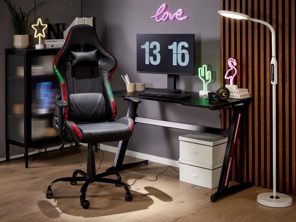 Chaise De Gamer En Cuir PU Noir Avec LED GLEAM – Image 2