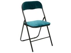 Chaise Pliante Confortable En Métal Et Velours Bleu Canard H 79 Cm