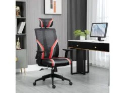 Fauteuil De Bureau Gamer Pivotant - Accoudoirs, Tétière Réglables - Support Lombaire - Revêtement Synthétique Et Polyester Rouge Noir