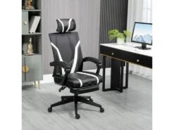 Fauteuil De Bureau Gamer - Pivotant, Inclinable - Support Lombaire, Tétière, Repose-pied Inclus - Revêtement Synthétique Et Polyester Blanc Noir
