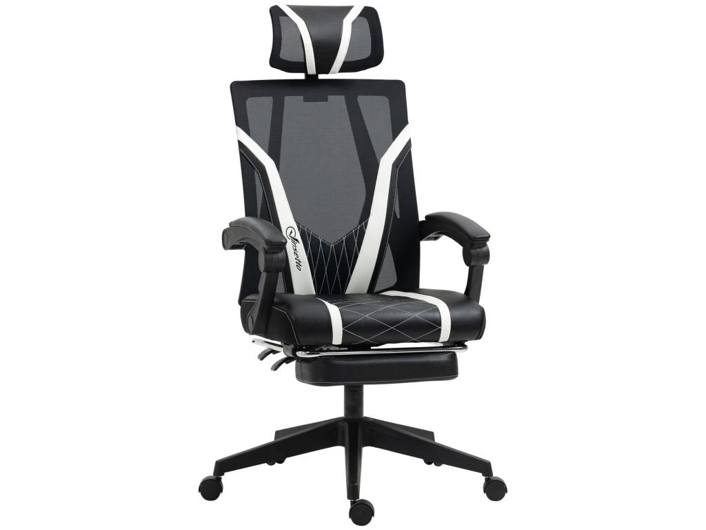 Fauteuil De Bureau Gamer - Pivotant, Inclinable - Support Lombaire, Tétière, Repose-pied Inclus - Revêtement Synthétique Et Polyester Blanc Noir – Image 2