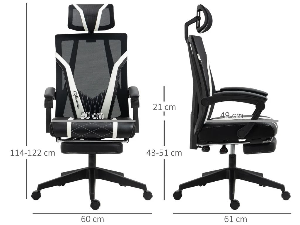 Fauteuil De Bureau Gamer - Pivotant, Inclinable - Support Lombaire, Tétière, Repose-pied Inclus - Revêtement Synthétique Et Polyester Blanc Noir – Image 3