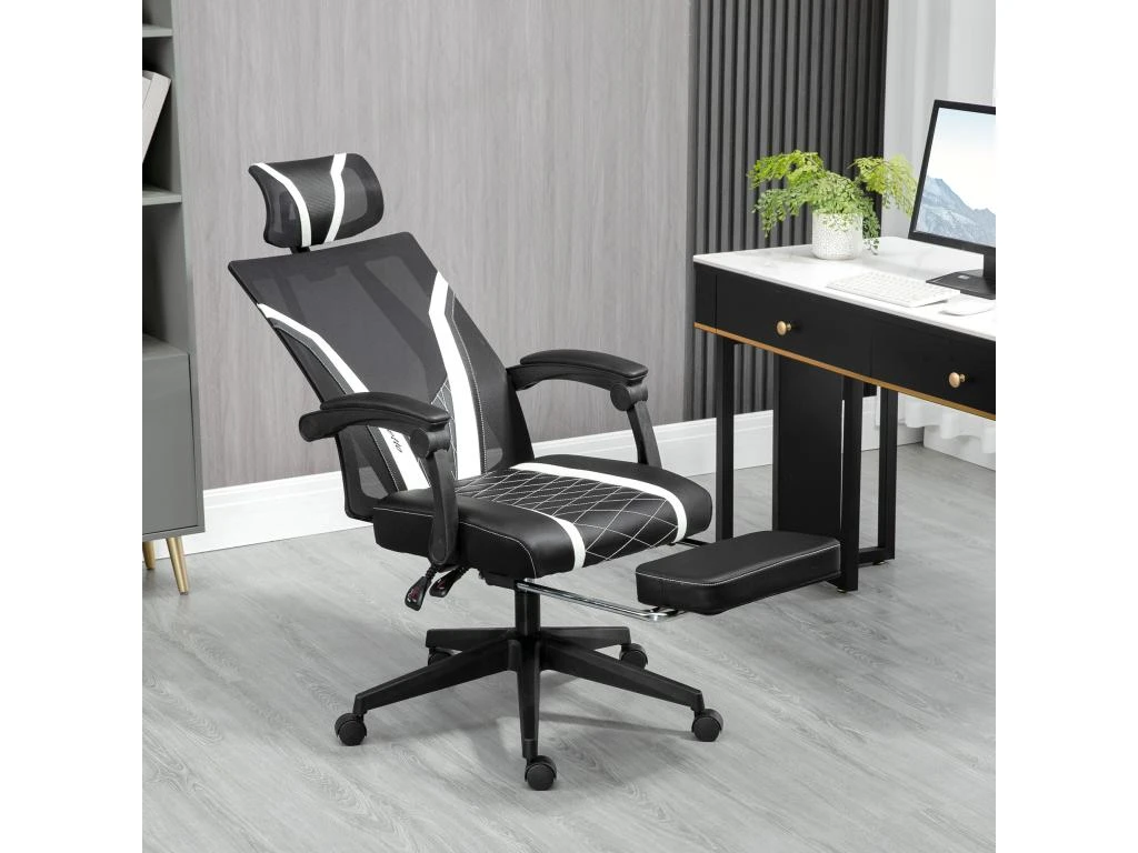 Fauteuil De Bureau Gamer - Pivotant, Inclinable - Support Lombaire, Tétière, Repose-pied Inclus - Revêtement Synthétique Et Polyester Blanc Noir – Image 4