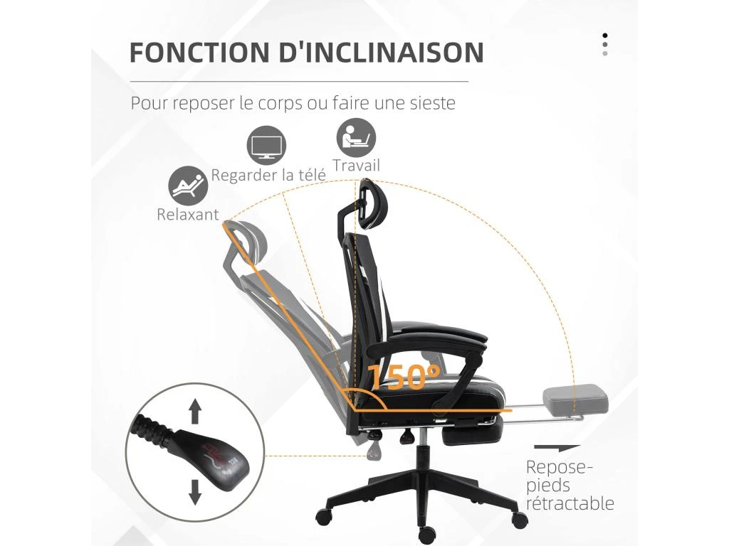 Fauteuil De Bureau Gamer - Pivotant, Inclinable - Support Lombaire, Tétière, Repose-pied Inclus - Revêtement Synthétique Et Polyester Blanc Noir – Image 5