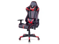 Fauteuil Chaise De Jeu En Cuir Synthétique Avec Accoudoirs Réglables Oreillers Et Coussins Lombaires Rouge Et Noir 19_0000430