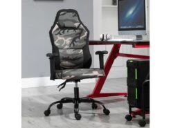 Fauteuil Gaming Militaire - Chaise Gamer - Inclinable, Hauteur Réglable Assise & Accoudoirs, Pivotant - Polyester Noir Vert