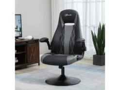 Fauteuil Gaming Base Ronde Métal Pivotante 360° Hauteur Réglable Fonction Dossier Bascule Accoudoirs Relevables PU Gris Noir