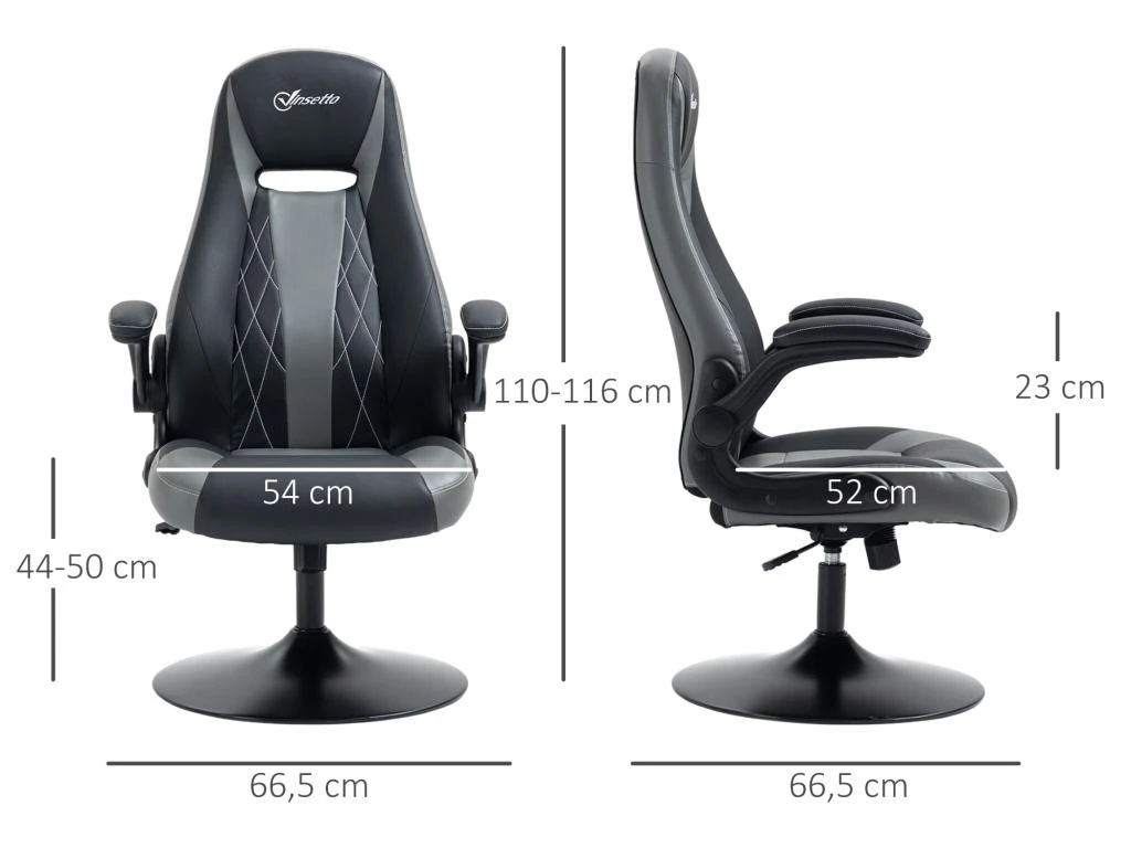 Fauteuil Gaming Base Ronde Métal Pivotante 360° Hauteur Réglable Fonction Dossier Bascule Accoudoirs Relevables PU Gris Noir – Image 3