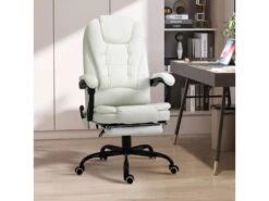 Vinsetto Fauteuil De Bureau Direction Massant Hauteur Réglable Dossier Inclinable Repose-pied + Coussin Lombaires Intégrés Revêtement Synthétique Blanc