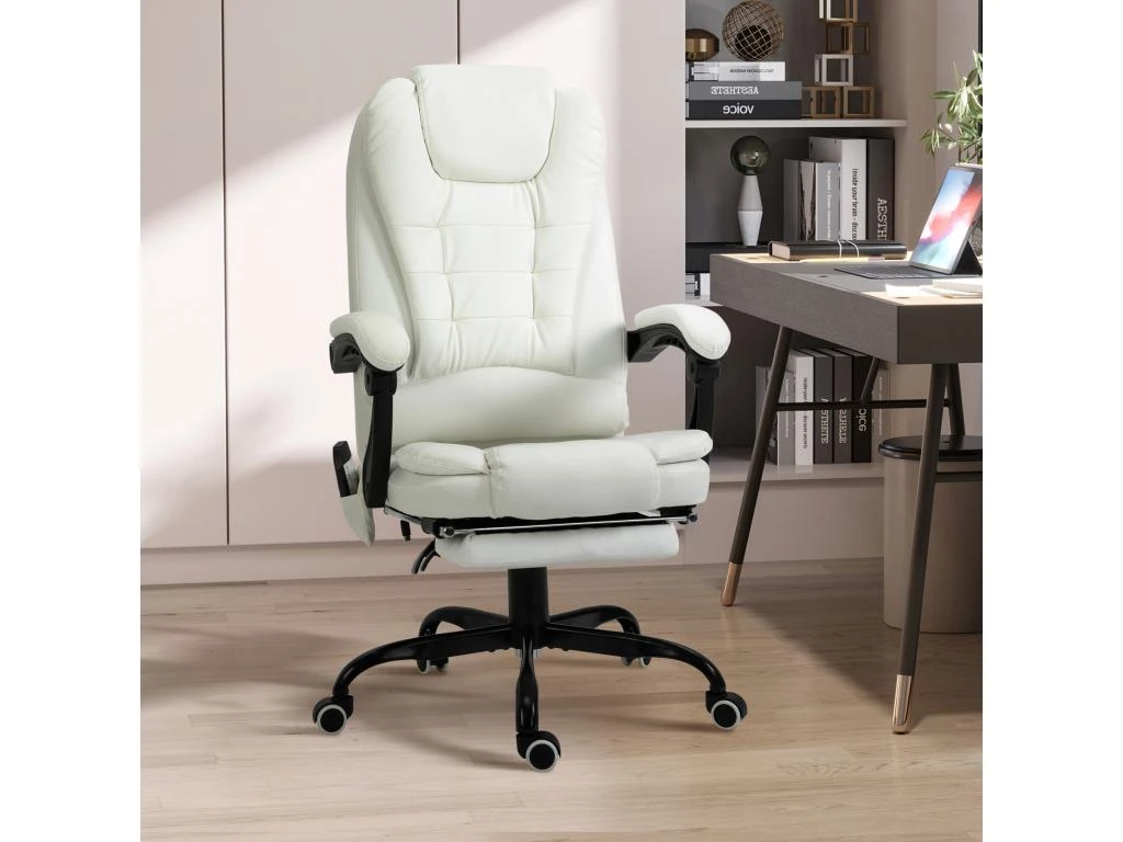 Vinsetto Fauteuil De Bureau Direction Massant Hauteur Réglable Dossier Inclinable Repose-pied + Coussin Lombaires Intégrés Revêtement Synthétique Blanc