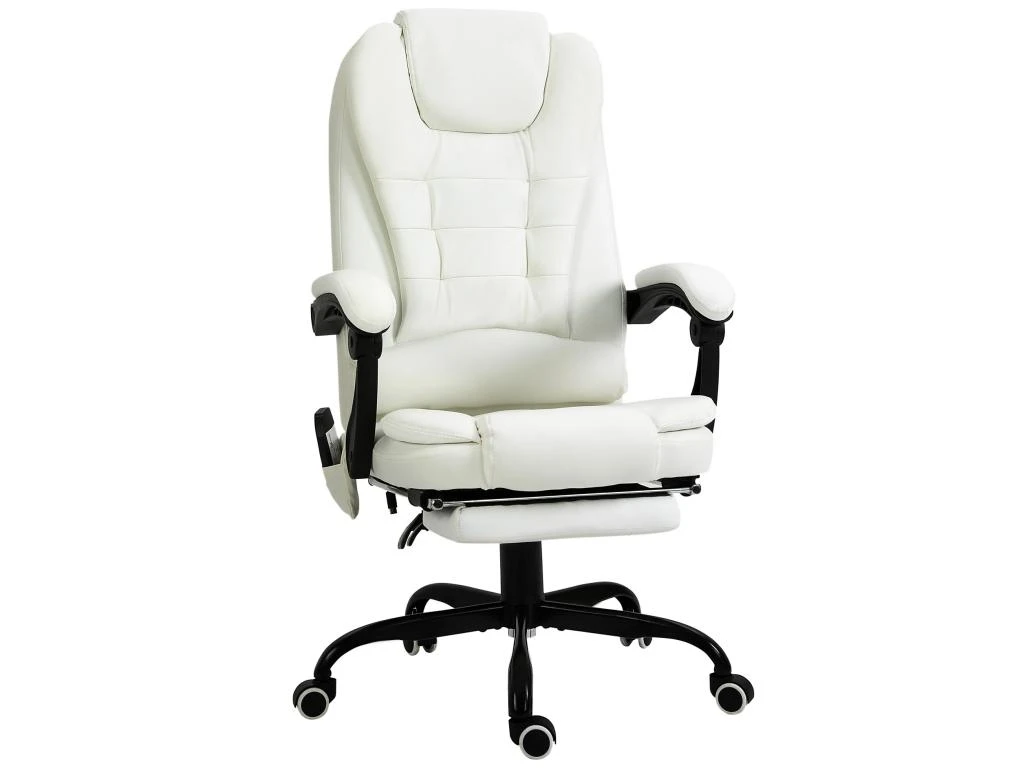 Vinsetto Fauteuil De Bureau Direction Massant Hauteur Réglable Dossier Inclinable Repose-pied + Coussin Lombaires Intégrés Revêtement Synthétique Blanc – Image 2