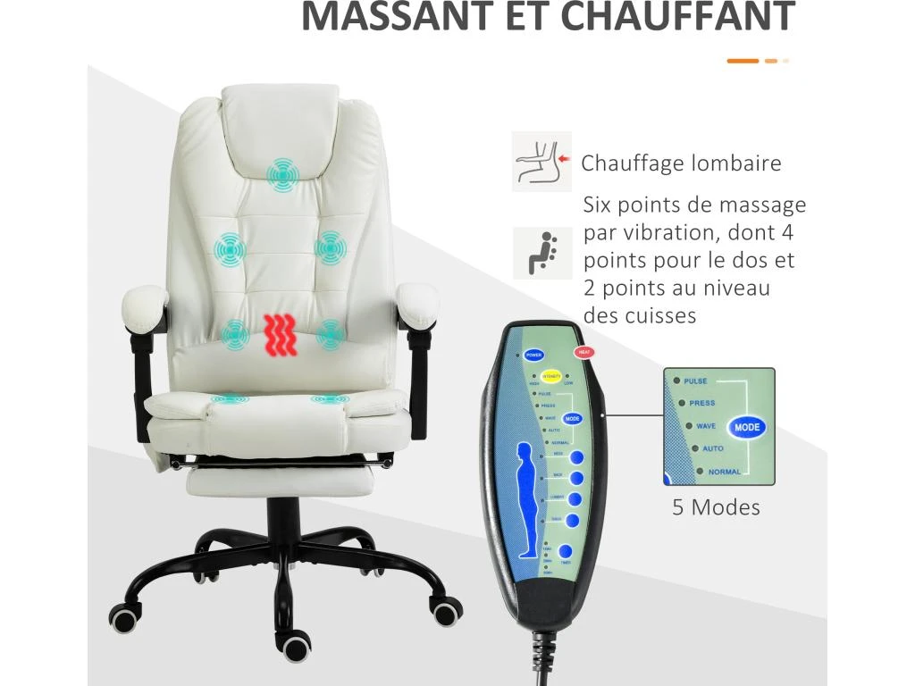Vinsetto Fauteuil De Bureau Direction Massant Hauteur Réglable Dossier Inclinable Repose-pied + Coussin Lombaires Intégrés Revêtement Synthétique Blanc – Image 4
