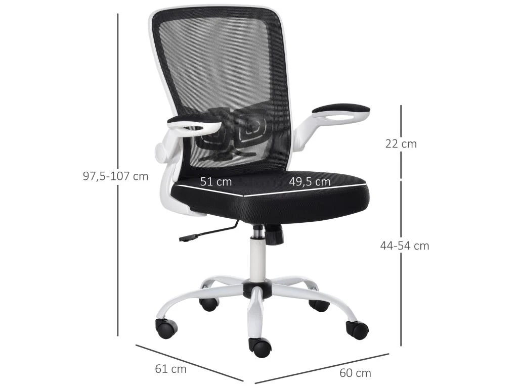 Vinsetto Chaise De Bureau Ergonomique Hauteur Réglable Pivotante 360° Accoudoirs Relevables Tissu Maille Bicolore Noir Blanc – Image 3