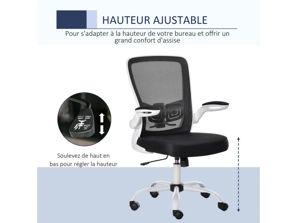 Vinsetto Chaise De Bureau Ergonomique Hauteur Réglable Pivotante 360° Accoudoirs Relevables Tissu Maille Bicolore Noir Blanc – Image 5