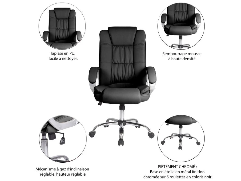 Chaise De Bureau Karen Elevable Et Fauteuil Inclinable En Simili Cuir Noir – Image 4
